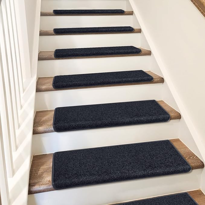 PURE ERA Bullnose Carpet Stair Treads Set Tape Free Non-Slip Indoor Stair Protectors Pet Friendly Rugs Covers Soft Skid Resistant Washable Reusable 9.5" x 30"(14 Pieces,Black)