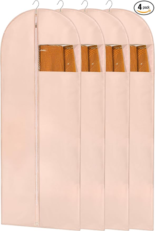 65'' Dress Bags for Gowns, 4 Pack Pink Garment Bags for Hanging Clothes, Dress Garment Bag Women, Long Dress Cover for Coats, Dresses, Uniforms