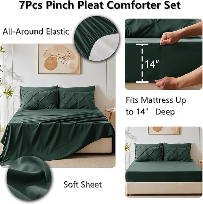 CozyLux King Size Comforter Set Forest Green, 7 Pieces Pintuck Bed in A Bag Green Comforter King Size, Pinch Pleat Bedding Set with All Season Comforter, Sheets, Pillowcases & Shams