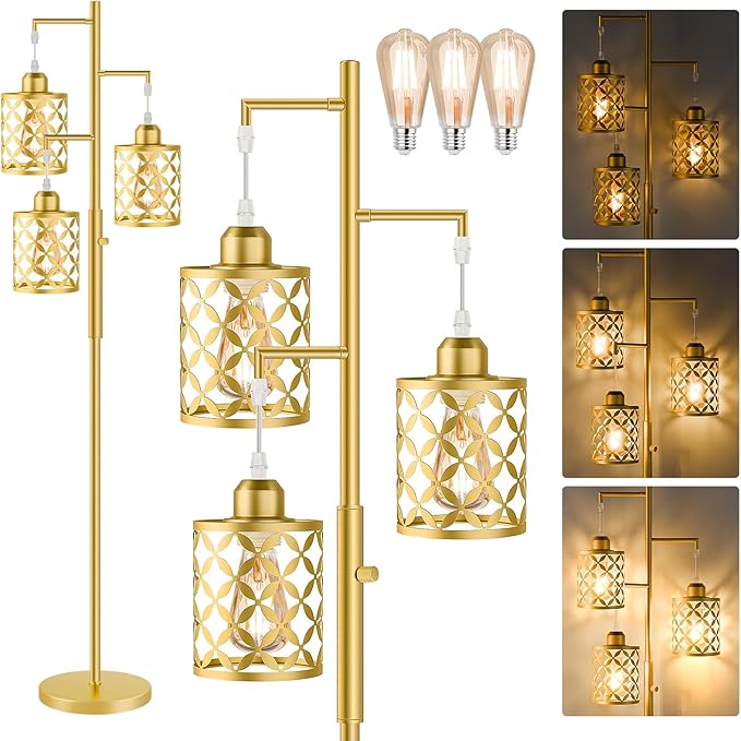 【Upgraded】72" Tall Dimmable Floor Lamp, Modern Standing Lamp with Elegant Metal Cages, Industrial Tree Floor Lamps for Living Room, Bedroom, Study Room, Office (3 x 800LM LED Bulbs Included) - Gold
