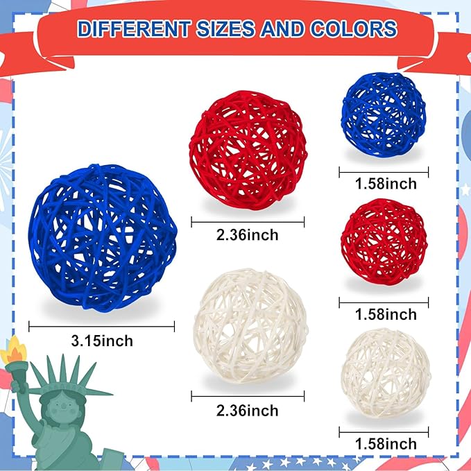 SANNIX 16 Pcs Red White and Blue Rattan Balls 4th of July Vase Filler Wicker Balls Patriotic Decorations 3 Sizes Decorative Balls for Bowls Independence Day Home Table Decor