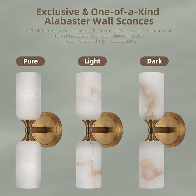 14.4in Alabaster Wall Sconce, Gold Sconces with Spanish Marble, Modern Brass Wall Mounted Lamp, Hardwired LED Wall Lighting for Bathroom Bedroom Living Room Staircase Hallway Dining Room