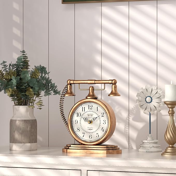 Vintage Table Clock, Desk and Shelf Decor Clock, Gold Antique Telephone Style Mantel Clocks, for Living Room, Farmhouse, Bedroom, Bedside, Gift (7.3" H x 7.3" W)