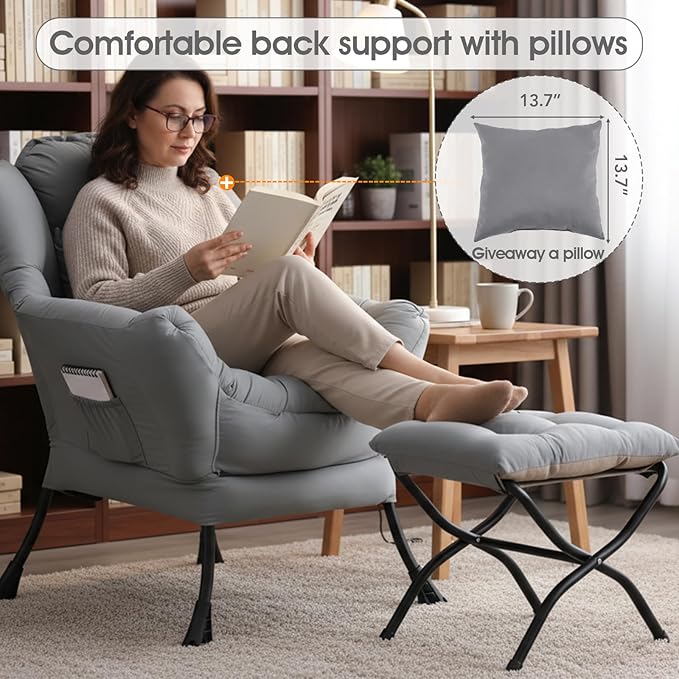 Lazy Chair with Ottoman, Large Lounge Accent Chair with Ottoman and a Throw Pillow, Light Gray Reading Chair for Living Room Bedroom Dorm Room Office Apartment Relaxing Use
