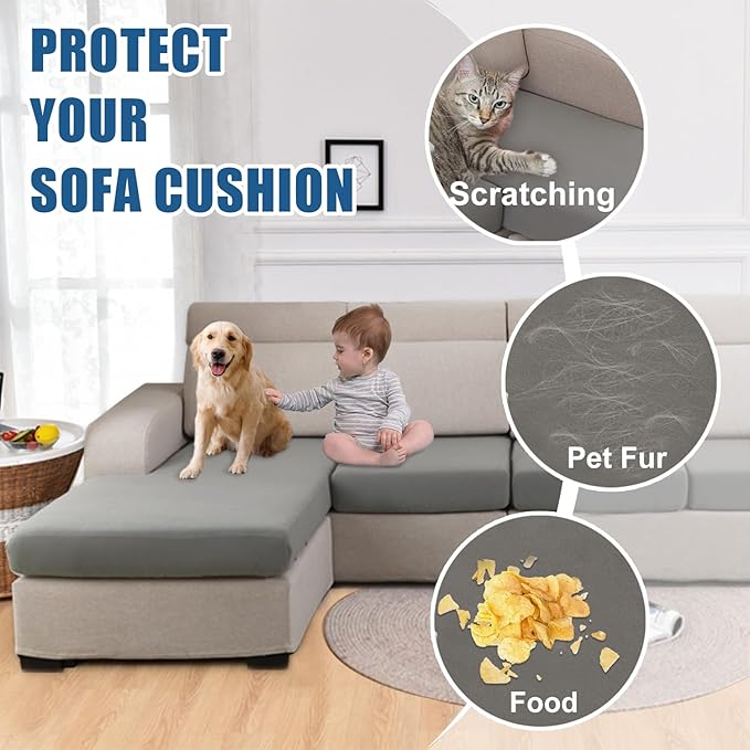 Waterproof Couch Cushion Covers, Replacement Sofa Cushion Covers, Stretch Individual Sofa Seat Cushion Slipcovers Furniture Protector for Kids Pets (2-Piece Loveseat Cushion Cover, Light Grey)