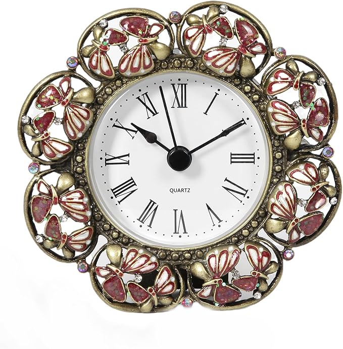 Mini Tabletop Clock, Decorative Vintage Floral Metal Table Clock with Battery Operated for Bedside, Table, Living Room, Home and Office