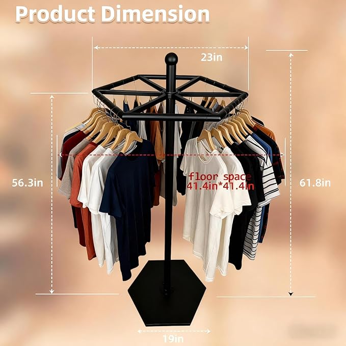 Heavy-Duty Metal Rotating Clothes Rack，Rack Load 200lbs,Round Clothing Rack，Retail Clothing & Garment Racks,With Adjustable Pad Base, For Bedroom, Boutique & Laundry Room（Black）