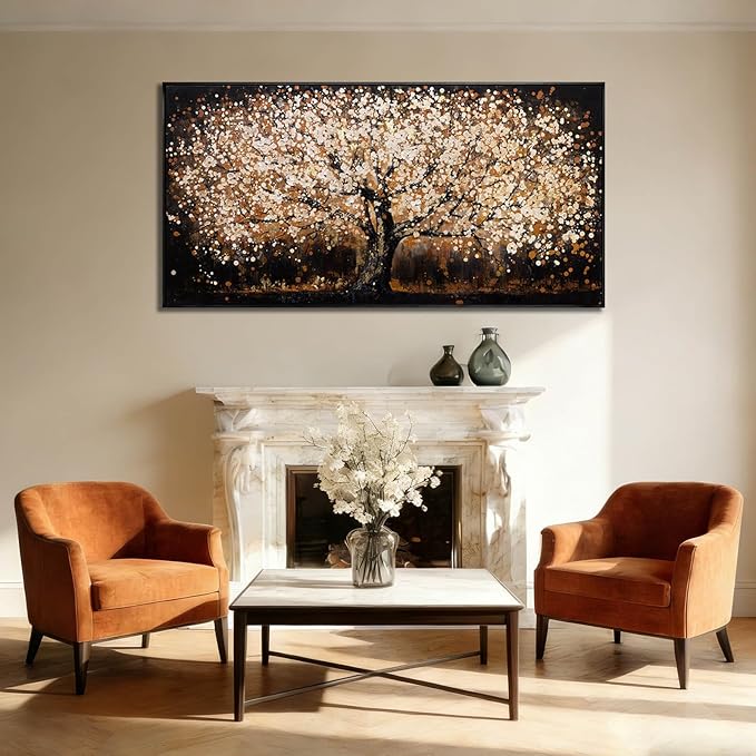 NBAODAN Gold Tree Wall Art Black Framed Canvas Wall Decor Nature Pictures Abstract Home Wall Decor Modern Artwork for Living Room Bedroom Office 24x48 Inch