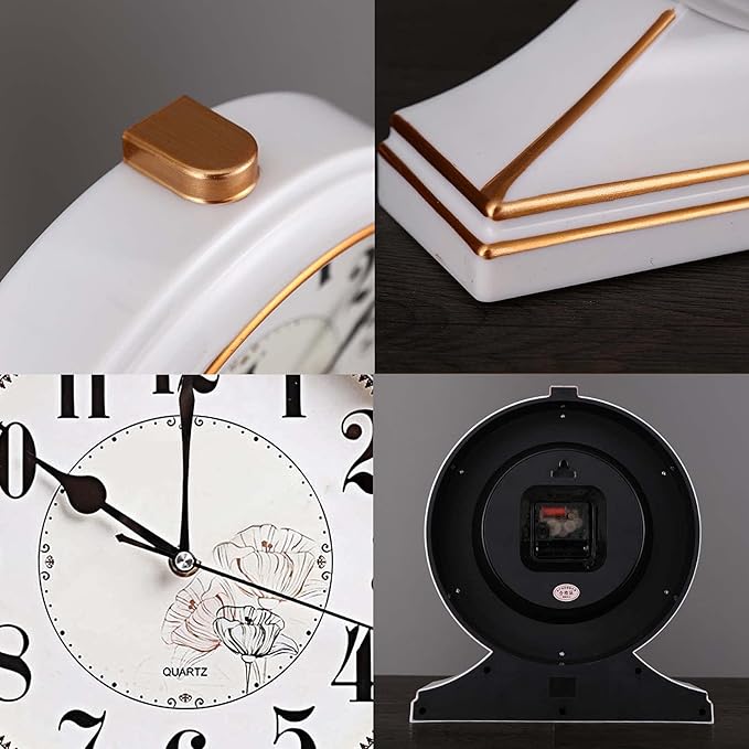 rnuie Desk Clock for Table Decor, Retro Mantel Clock Battery Operated for Fireplace Mantel, Living Room, Bedroom, Office, Desktop Decoration(White)
