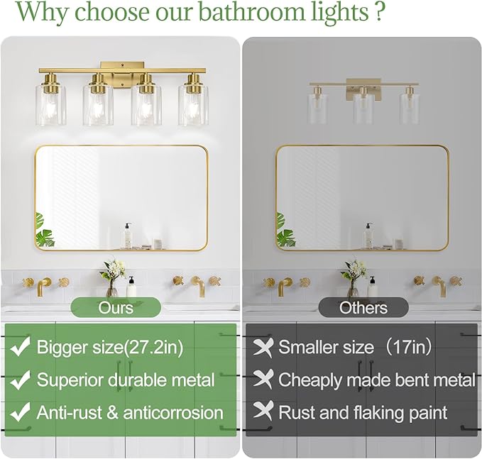 4-Light Bathroom Light Fixtures, Vanity Light with Clear Glass Shades, Brushed Gold Bathroom Light Fixtures Over Mirror, Modern Bathroom Wall Lamp for Mirror Living Room Cabinet Bedroom