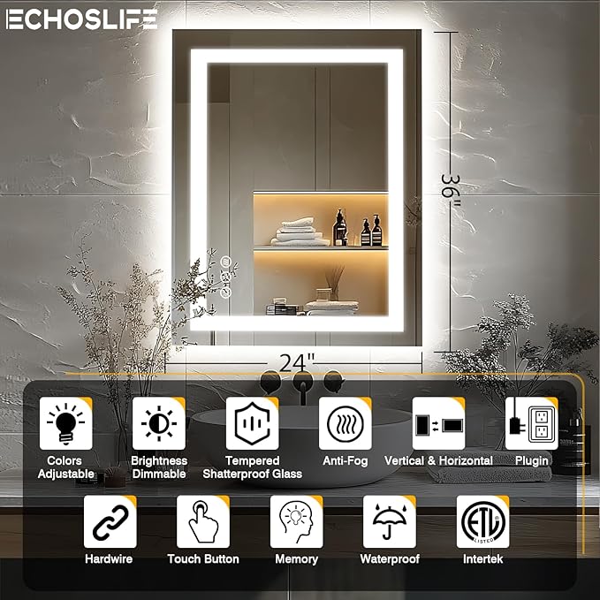 24"x36" LED Bathroom Mirrors for Wall, Front and Backlit, Anti-Fog Vanity Mirror with Lights, Stepless Dimmable Lighted, 3 Colors Smart Mirror (Horizontal/Vertical)
