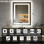 24"x36" LED Bathroom Mirrors for Wall, Front and Backlit, Anti-Fog Vanity Mirror with Lights, Stepless Dimmable Lighted, 3 Colors Smart Mirror (Horizontal/Vertical)