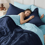 JOLLYVOGUE Queen Comforter Set, Ultra-Soft Bed in a Bag Queen Size 7 Pieces, Oeko-TEX Certified Bedding Set with Down Alternative Comforter, Sheets, Pillowcases & Shams, Navy & Light Blue