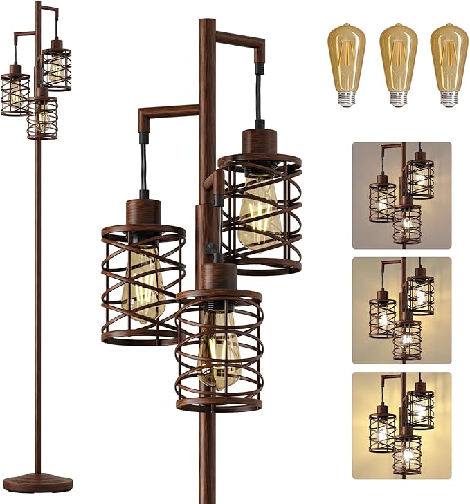 Oneach 70" Industrial Floor Lamp, Stepless Dimmable Standing Lamp with 3 Bulbs, Farmhouse Corner Standing Tree Lamp for Living Room, Tall Lamps for Bedroom, Office, Study Room, Dining Room