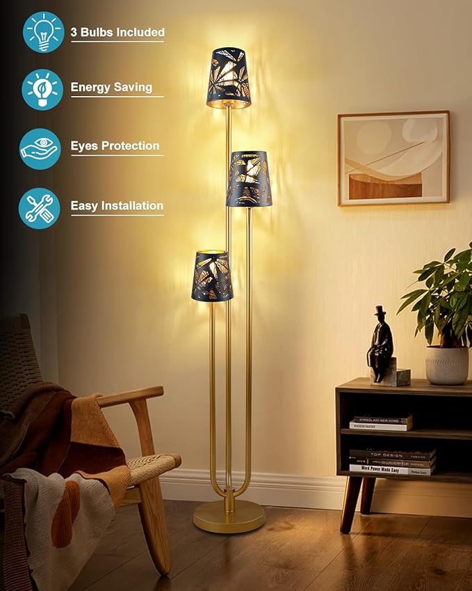 3-Light Gold Floor Lamp for Living Room, Unique Candle Holder Style Tall Standing Lamps for Bedroom, 3000K Warmwhite Mid Century Modern Floor Lamp for Home Office(Bulbs Included)