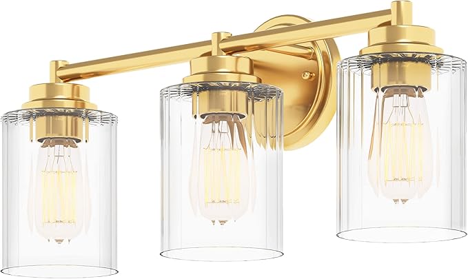 GETINLIGHT Inlight 20" Wide 3-Light Gold Bathroom Vanity Light with Clear Ribbed Glass Shade, Bulb Not Included, IN-0444-3-GD