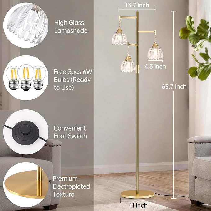 Dimmable Floor Lamp for Living Room, Bedroom, Gold Standing Lamp with 3pcs 6W Bulbs, Vintage Brass Floor Lamps for Corner, Nursery (Clear Tulip)