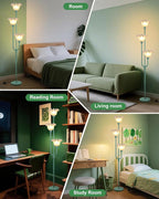 Flower Floor Lamp for Living Room, Dimmable Vintage Floor Lamp with Shelf & LED Bulbs, 3 Light 3000K Soft Warmwhite Mid Century Gold Standing Lamp, Floral Tall Lamp for Bedroom Office-Green