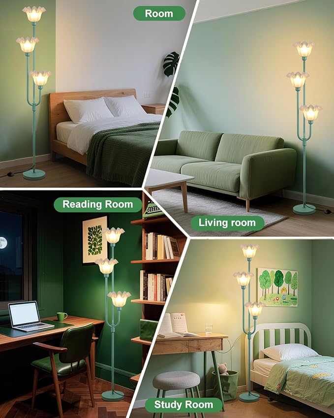 Flower Floor Lamp for Living Room, Dimmable Vintage Floor Lamp with Shelf & LED Bulbs, 3 Light 3000K Soft Warmwhite Mid Century Gold Standing Lamp, Floral Tall Lamp for Bedroom Office-Green