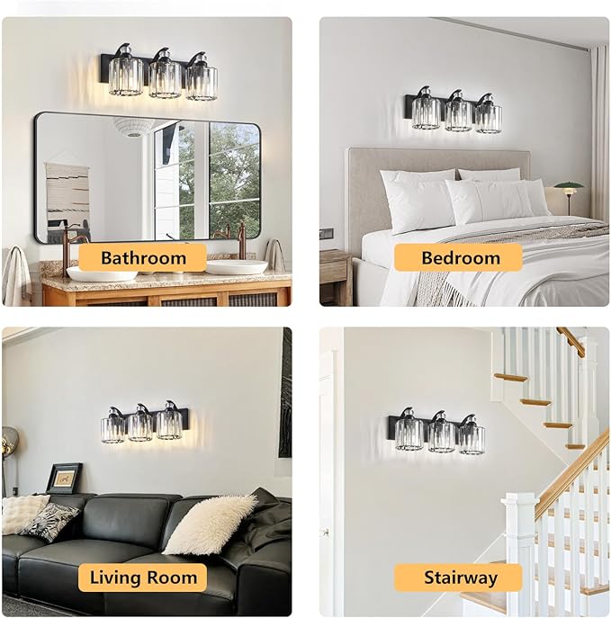 3-Light Black Bathroom Light Fixture Modern Vanity Lights Over Mirror Vintage Wall Sconce Lighting for Bathroom, Bedroom, Living Room, Hallway E26 Base with Crystal Bathroom Vanity Light