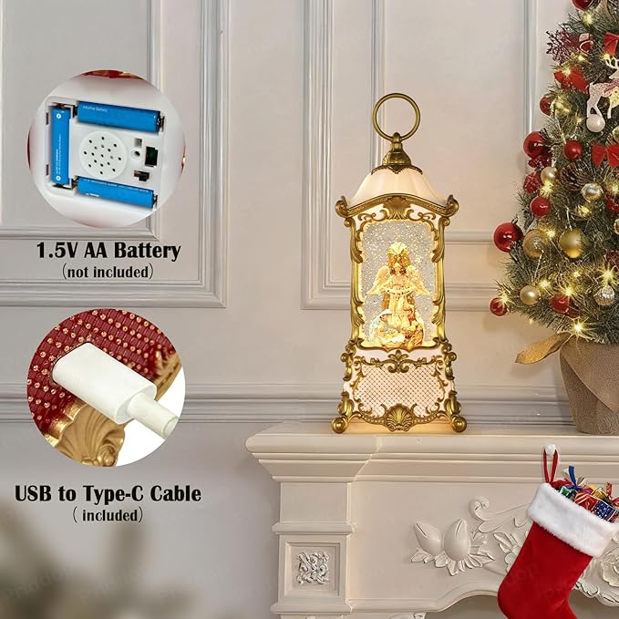 Nativity Snow Globe Christmas Decorations Indoor Angel Nativity Scene Gifts Classic Relief Texture Musical Glitter Snowfall USB/Battery Timer Lantern 12.5 inch