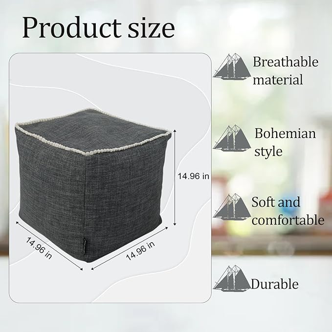 Louis Donné Geometric Unstuffed Pouf Cover Cotton Poufs with White Piping Contact Stiching Footstool Rest Soft Handwoven 17x17in Bean Bag Chair for Room Seating Home Decor ONLY Cover(Dark Grey)