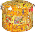 Aakriti Gallery Indian Pouf Footstool - Ethnic Embroidered Ottoman Pouf Cover, Cotton Round Pouffe - Yellow, 22x14