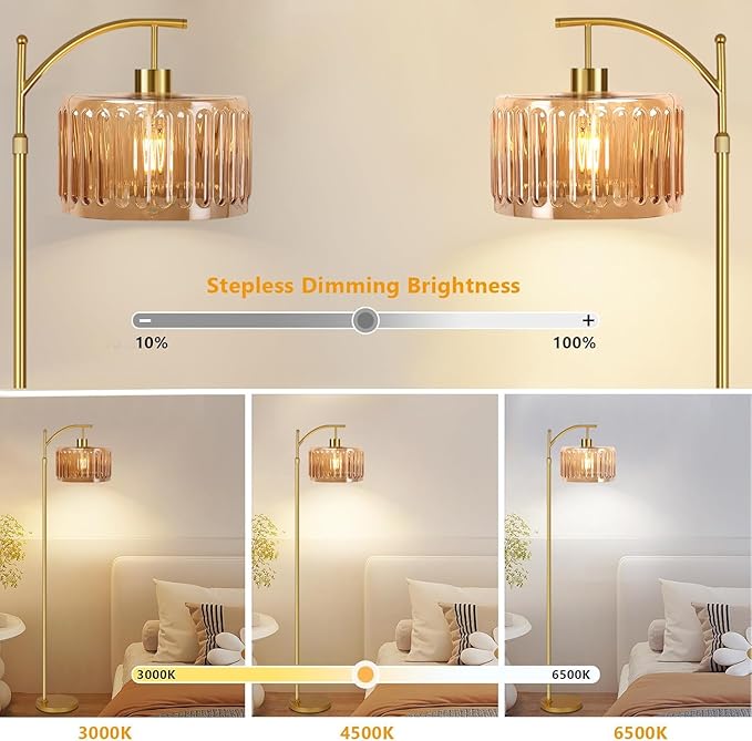 Glass Floor Lamp for Living Room,Bedroom,Gold Dimmable Standing Lamp with Remote,Mid Century Modern Brass Tall Lamp Boho Vintage Retro Floor Lamps Arc Amber Flower Floor Light Lamp Bohemian
