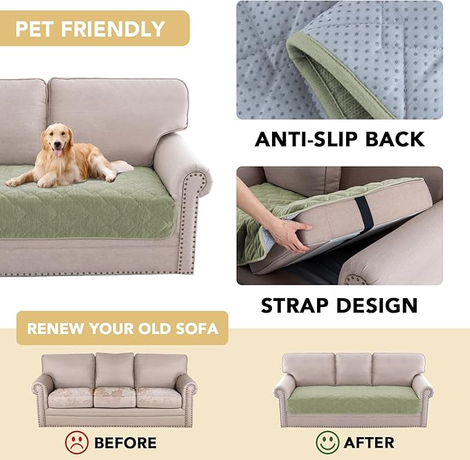 H.VERSAILTEX Couch Cover Chenille Pet Fuzzy Sofa Covers for 3 Cushion Couch Anti Slip Washable Sofa Slipcovers with Strap Soft Couch Protector Cover for Dogs Cats Kids(36" x 82", Tender Green)