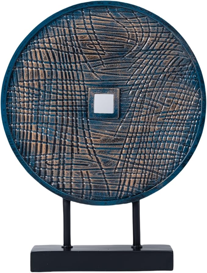 Unique Round Coin Sculpture Decorative Objects for Shelf Home Decor Accents, Modern Abstract Tabletop Decor Items for Living Room Fireplace Mantel, Above Cabinet (Blue)