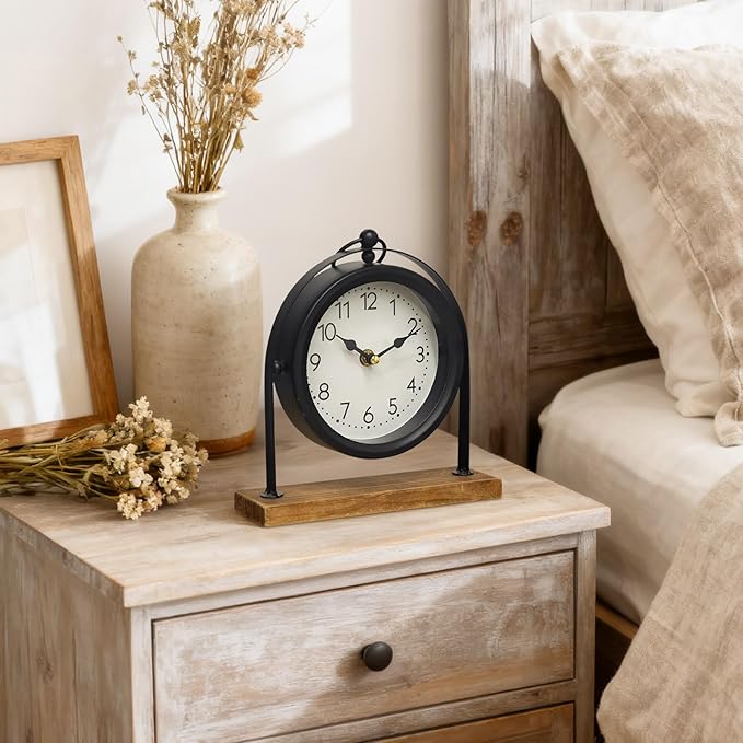 Vintage Small Table Clock, Black Metal Farmhouse Table Clock with Wooden Base, Silent Non-Ticking Battery Operated Desk and Shelf Clocks for Living Room, Kitchen, Bedroom Decor