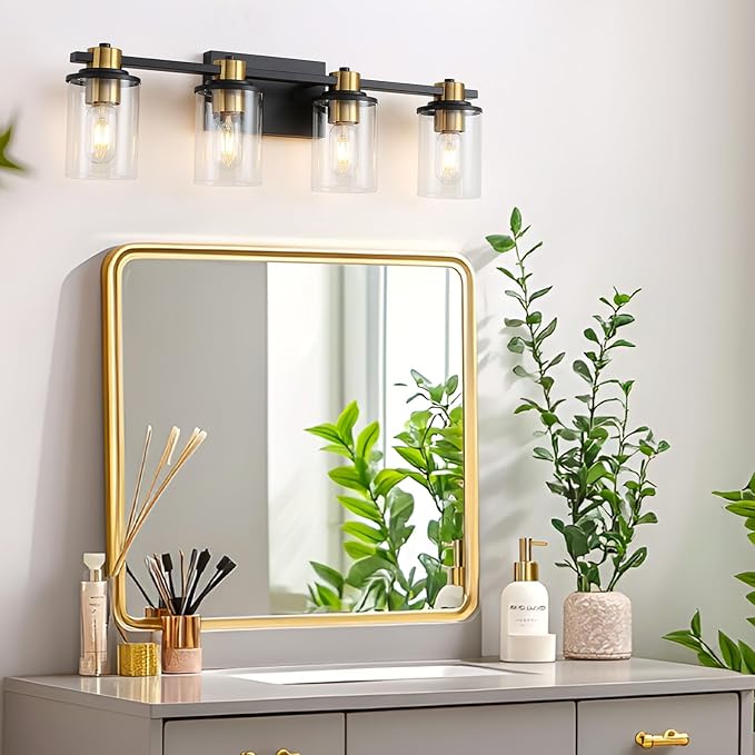 LOUSACE Bathroom Light Fixtures Black and Gold, 4 Light Bathroom Vanity Light, Modern Bathroom Light over Mirror with Clear Glass Shades, Brushed Gold Socket Wall Vanity Lighting Fixtures for Bathroom