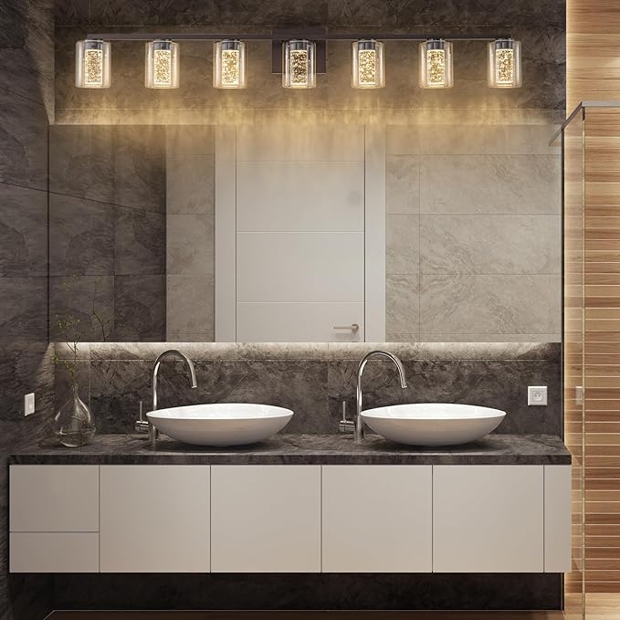 SineRise 7-Light Bronze Vanity Light with 3 Color Modes (3000K/4000K/6000K), Eye Protection LED Bathroom Light Fixture, Dimmable Modern Wall Light Over Mirror with Clear Glass Shade