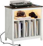 ChooChoo Large Record Player Stand with Charging Station & LED Light, Vinyl Record Holder hold up to 300 Albums, Farmhouse End Table for Bedroom, Living Room, Soft White