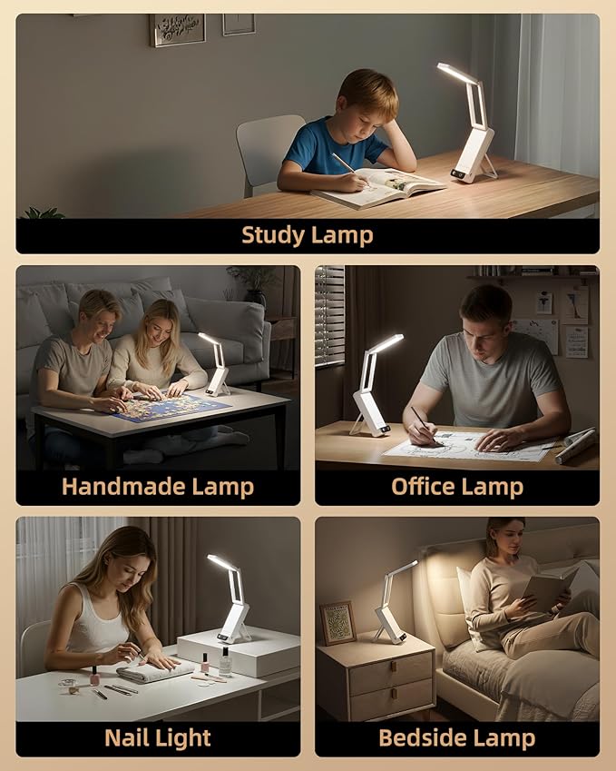 EZVALO LED Rechargeable Desk Lamp, 6000mAh Battery Operated Foldable & Portable Light,90Ra Cordless Table Lamp for Office Home, 3 Color Dimmable Small Desk Lamp Wireless Reading Lamp