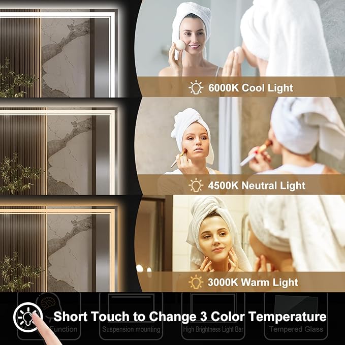 48x36 Inch LED Bathroom Mirror with Frontlit & Backlit（Independent Control）, Lighted Mirror for Bathroom Wall with 3-Color Dimmable & Anti-Fog, Vanity Mirror with Lights