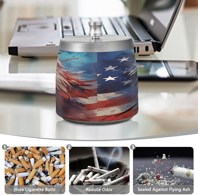 Painting Usa Flag Cool Eagle Ashtray with Lid, Outdoor Ashtrays for Patio, Stainless Steel Ashtray Odorless Smokeless for Home Office Balcony