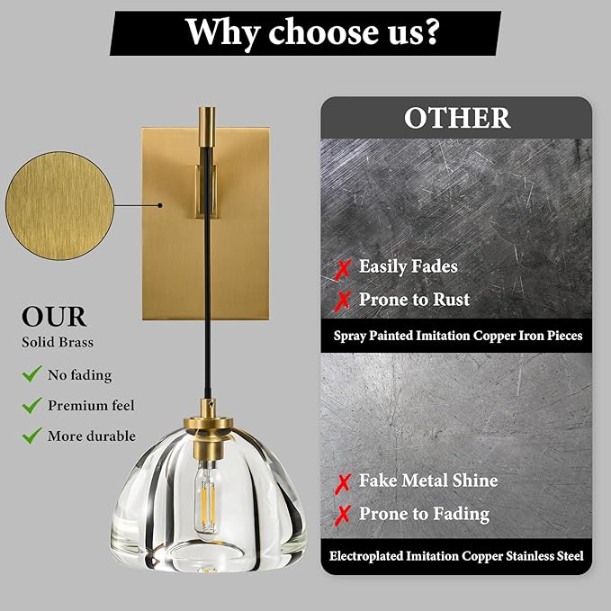 Crystal Brass Dome Wall Sconce - Luxury Brushed Lighting Fixture with K9 Crystals Cloche - Dimmable Indoor Hanging Light - Modern Gold Sconces for Bathroom Bedroom Living Room Stair Hallway