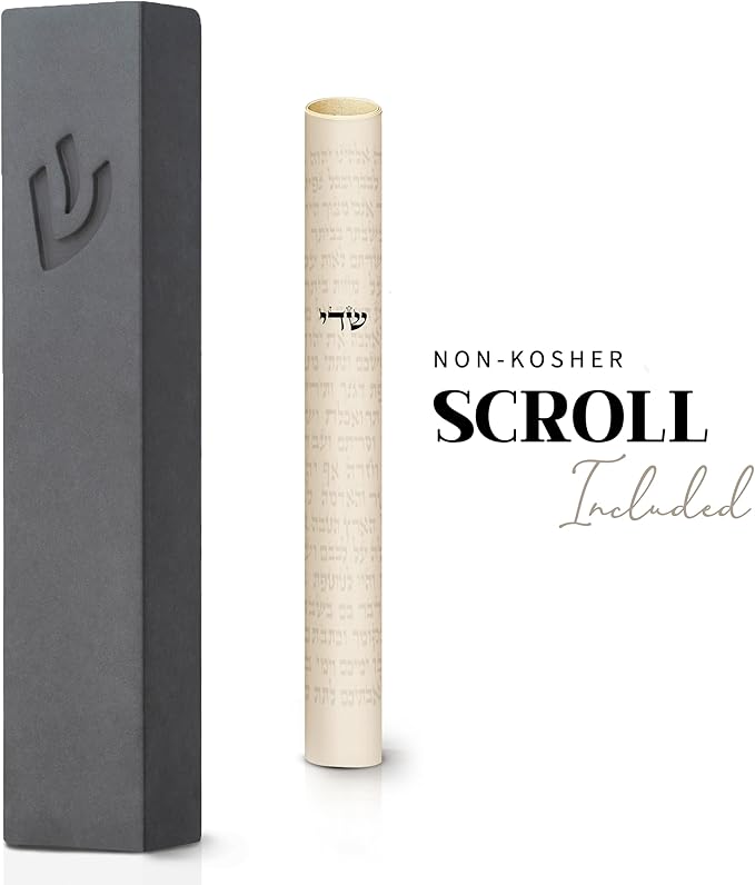 SURI Mezuzah for Door – 4 Inch Dark Gray Concrete Mezuzah Cover with Printed Scroll, Self-Stick Adhesive, Fits a 3 Inch Mezuza Scroll, Gift Box Included
