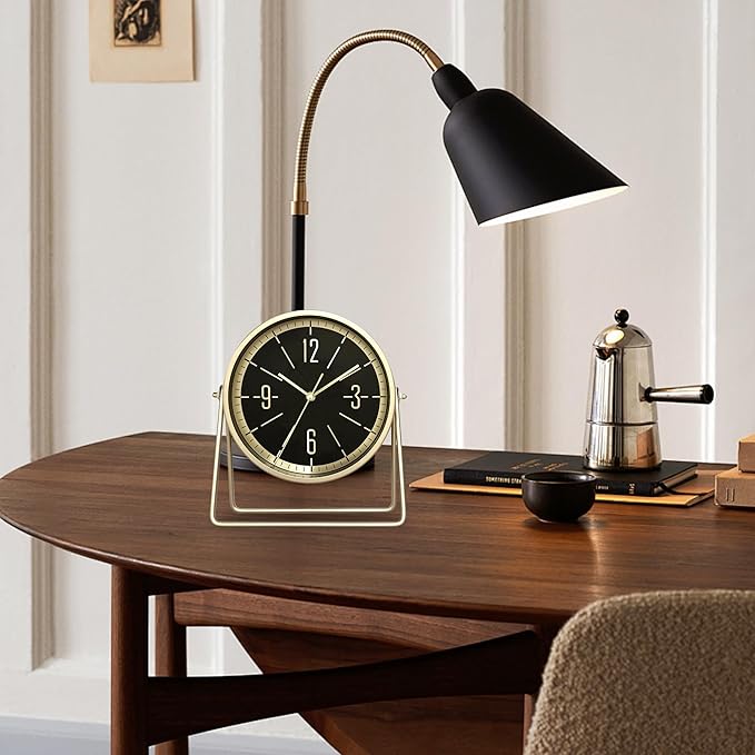 QIYAODECO® Vintage Metal Desk Clock for Bedroom, with Adjustable Angle Ticking Small Battery Operated Mantel Bedside Clock, Decorative Table Old Fashioned Style Black Decor Adult Kid Gift,Gold Black