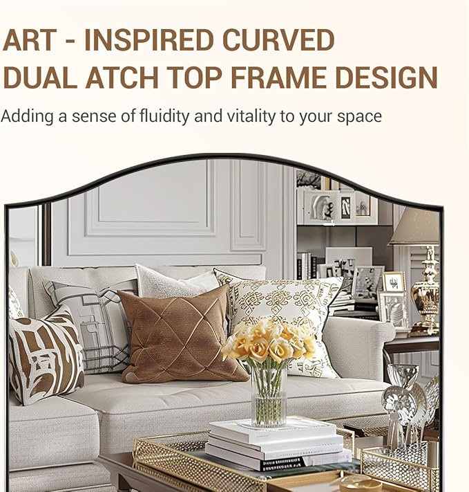ANDY STAR Rectangle Scalloped Mirror, 30"x40" Brushed Nickel Bathroom Mirror in SUS304 Stainless Steel Metal Frame, Large Silver Vanity Mirror with Unique Arched Top Design