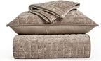 RECYCO Luxury Velvet Quilt King Size Bedding Set, Ultra Soft Velvet Comforter Set, Lightweight Quilted Channel Box Stitch Oversized Bedspread Coverlet for All Season, with 2 Shams, Natural Tan
