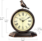 Desk Clock for Bedroom Kitchen Vintage Table Clock Mantel Desktop Farmhouse Tabletop Metal Clock for Office Living Room Silent Decor Battery Operated Bird