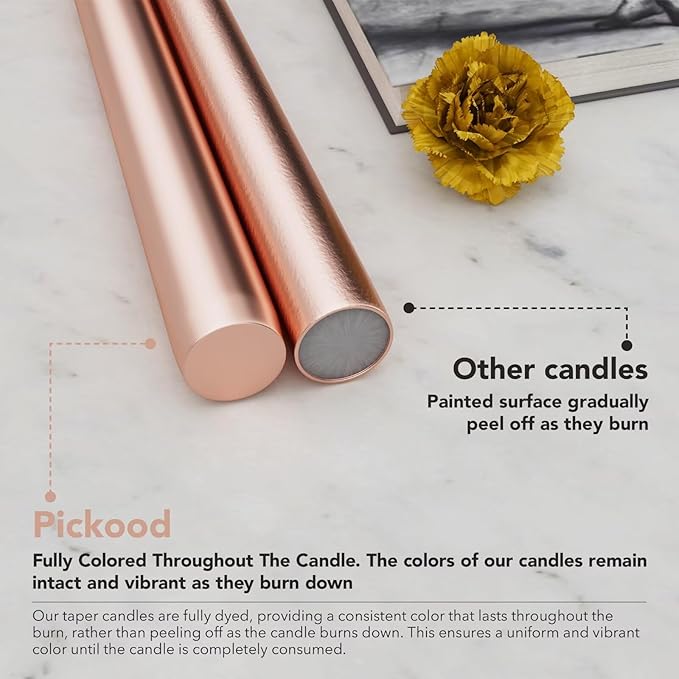 10-Inch Tall Dripless Taper Candles Set of 4 - Rose Gold Tapered Candles, Perfect for Spring - Smokeless, Unscented, Long Burning - Hand Poured, Colored Tall Candlesticks - Rose Gold