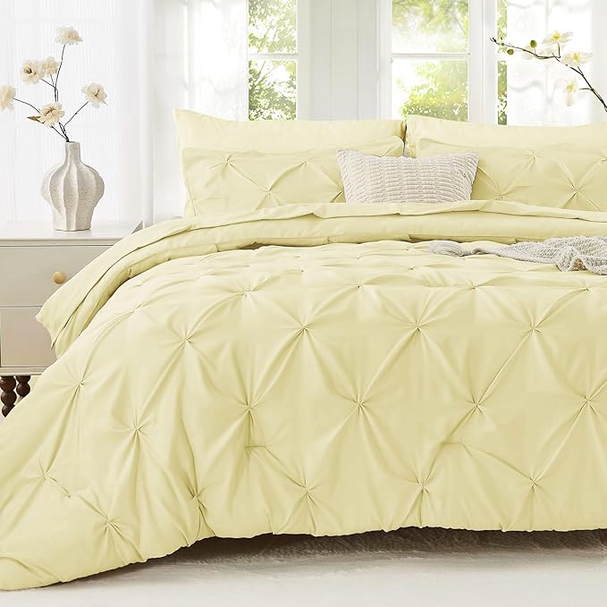 Sasttie King Size Comforter Set, 7-Piece Bed in a Bag, Pintuck Bedding Set for All Season, Includes Comforter, Flat Sheet, Fitted Sheet, Pillowcases and Pillowshams, Cream Yellow
