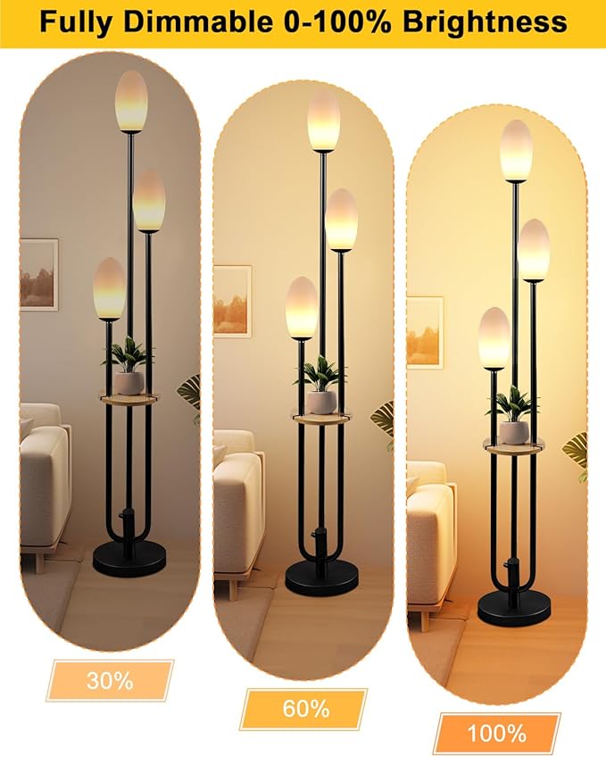 Lightdot Black Dimmable Floor Lamp with Table, 63IN Mid-Century Oval Floor Lamps with BulbsIncluded, 3-Lights Candle Holder Style Modern Tall Standing Lamp for Living Room/Sofa Beside/Corner Decor