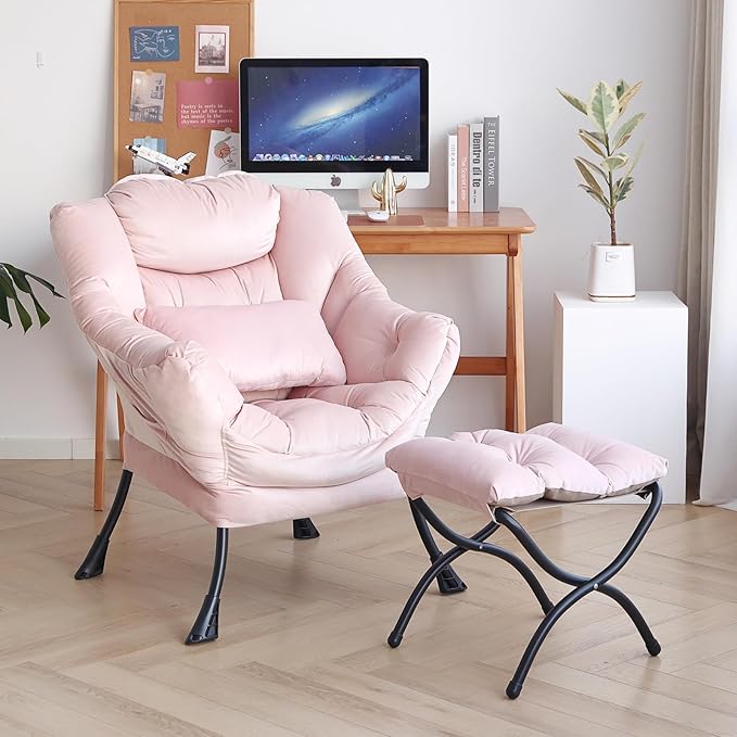 Lazy Chair with Ottoman, Modern Accent Chair with Lumbar Pillow, Velvet Pink Sofa, Lounge Chairs with Folding Footrest, Oversized Supportive Chairs for Bedroom, Reading