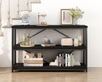 IBF Low Horizontal Book Shelf, Industrial Modern 3 Tier Bookshelf, Farmhouse Short Open Storage Organizer Long Shelf, Simple Wide Wood Metal Sturdy Etagere for Bedroom Living Room, Black Oak, 47 in