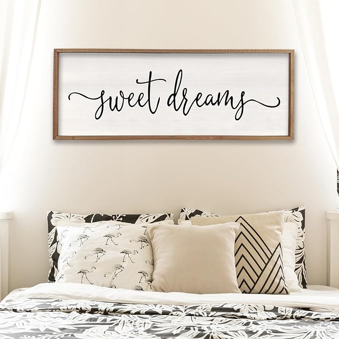 Surfapans Sweet Dreams Wall Decor Above Bed 40"x15" ofr Master Bedroom Guest Room Wood Framed Rustic Over Bed Wall Art Sign (Wood)