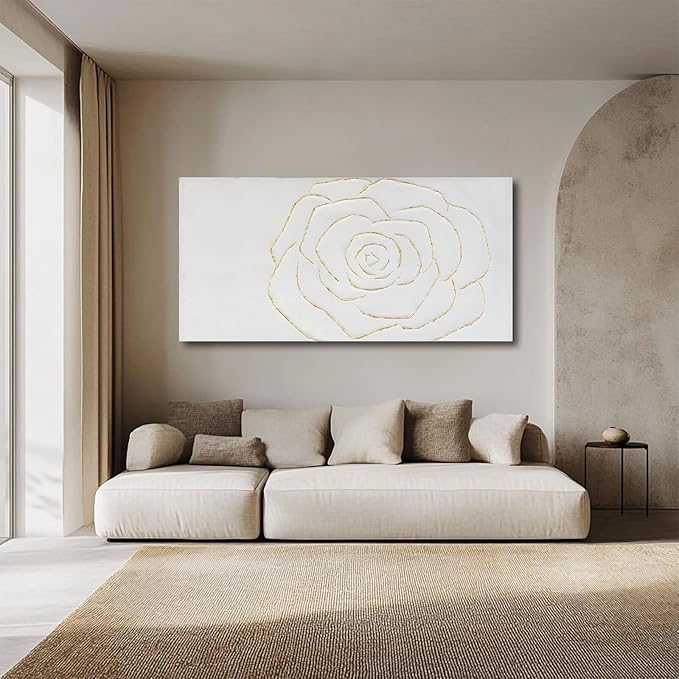 NBAODAN Textured Wall Art Abstract Floral Painting White Pictures Wall Decor Gold Line Art 24"x 48" Large Artwork For Living Room Bedroom office Wall Decor